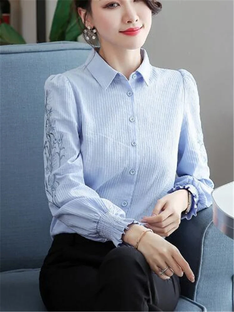 Pure Cotton Embroidered Blouses Female Shirt Lantern Sleeve Top Fold Floral Border Spring Casual Women Clothes Button Up Bloue