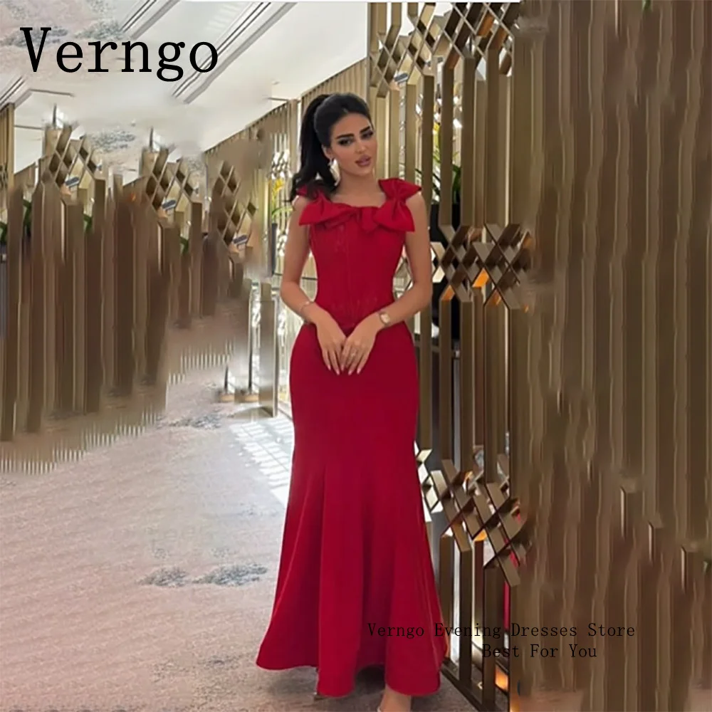 Verngo Red Crepe Mermaid Prom Gown Bow Spaghetti Straps Saudi Arabic Party Dress For Women Simple Formal Occasion Dress