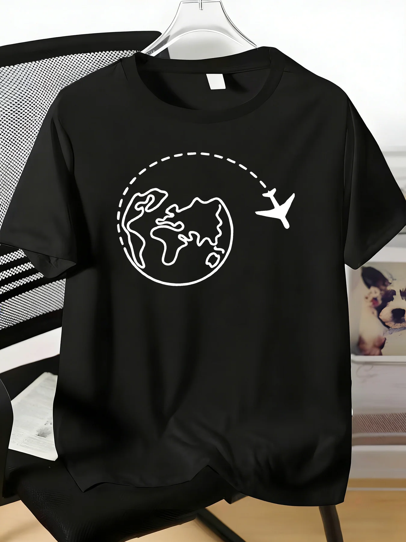 Male Bright Blue Crew Neck Tee World Map Airplane Route Print Soft Short Sleeve Backpacker Holiday Outdoor Summer Casual Shirts
