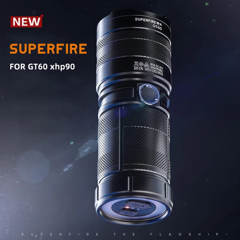 SUPERFIRE GT60 xhp90 2600lm LED Flashlight with Taillight Zoom USB-C Chargeable Lantern Built in 6000mAh Battery Camping Torch