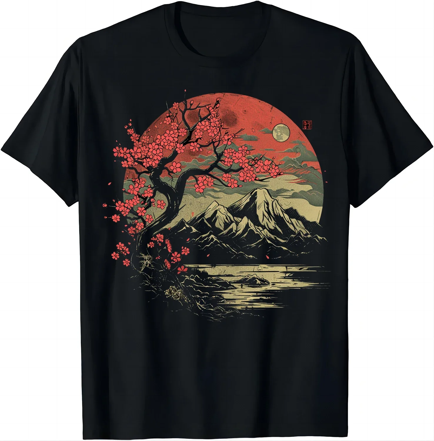 Tranquil paysage t-shirt-lune et cerise Bliss t-shirts Style japonais chemises hommes vêtements hauts t-shirts graphiques Streetwear Harajuku