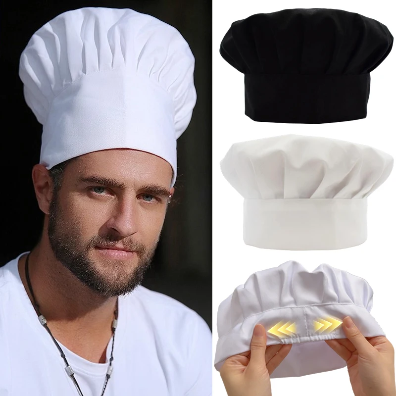 Adjustable Cotton Chef Mushroom Hat Classic Kitchen Cooking Cap with Elastic Band Chef's Hat for Women Men Daily Working Cap