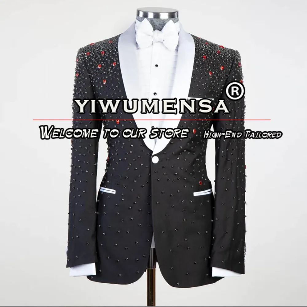 Exquisite Groom Wedding Suits Diamond Jewels Jacket Pants 2 Pieces Custom Men's Tuxedos Formal Prom Party White Lapel Blazer Set