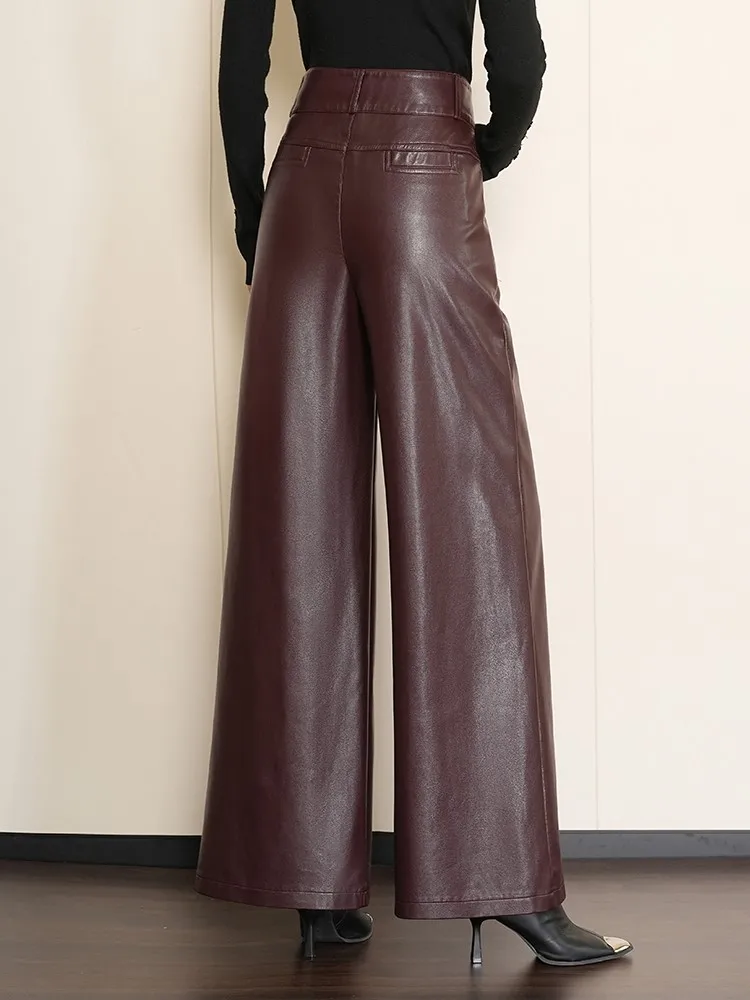 ZUZK High Quality Women PU Leather Wed Leg Long Pants  Autumn Winter Fashion Warm Long Leather Pants Elegant LeatherTrousers