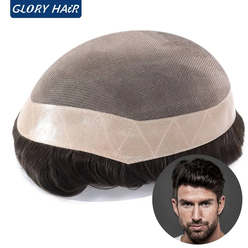 GLORYHAIR -Fine Mono DMC 5 Inches Men\'s Capillary Prosthesis Durable Human Hair Men Toupee Wig for Men Wig