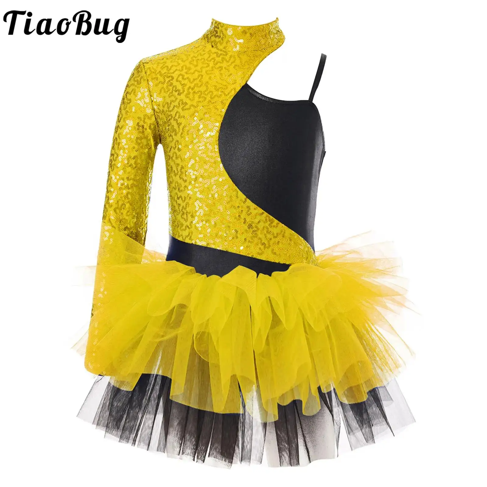 

Kids Girls Jazz Modern Dance Tutu Dress Shiny Sequined Leotard Tulle Skirted Dress for Ballet Dancer Stage Performance Costumes