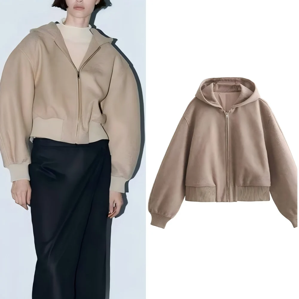 

Women's new fashion casual short soft texture hooded flight jacket retro long sleeved zipper women's Coat chic top