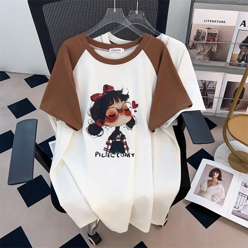 

170Kg Plus Size Women's Bust 170 Summer Loose Short Sleeve Printed Contrasting T-Shirt Black White 4XL 5XL 6XL 7XL 8XL 9XL