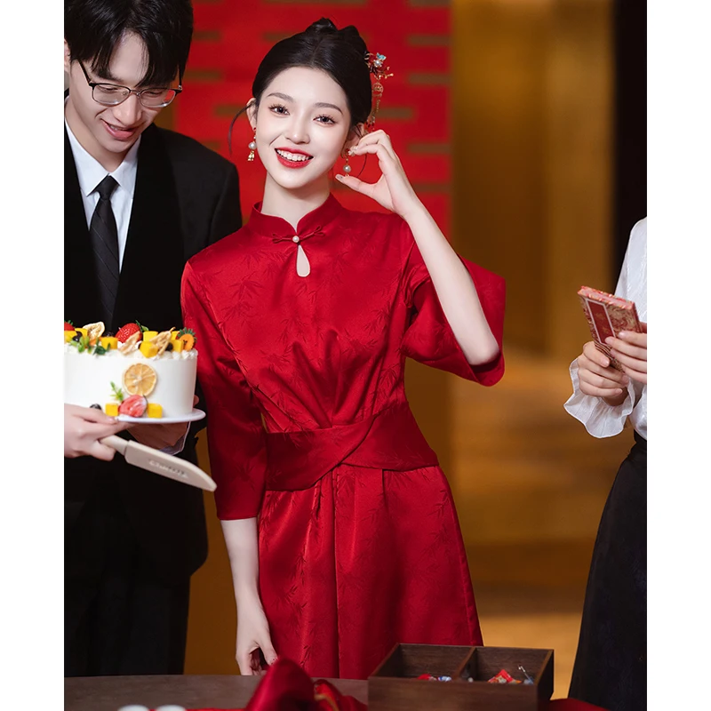 

New Chinese Style Wedding Dress Red Evening Gown Women's Fashionable Sun Protection Suit Five-Quarter Sleeve