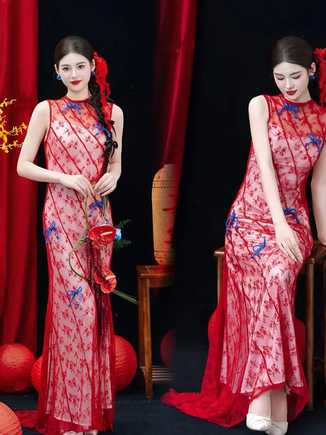 

Винтажное утреннее платье в китайском стиле, без рукавов, длинное, для помолвки, ужина, высококлассное, для небольшой аудитории