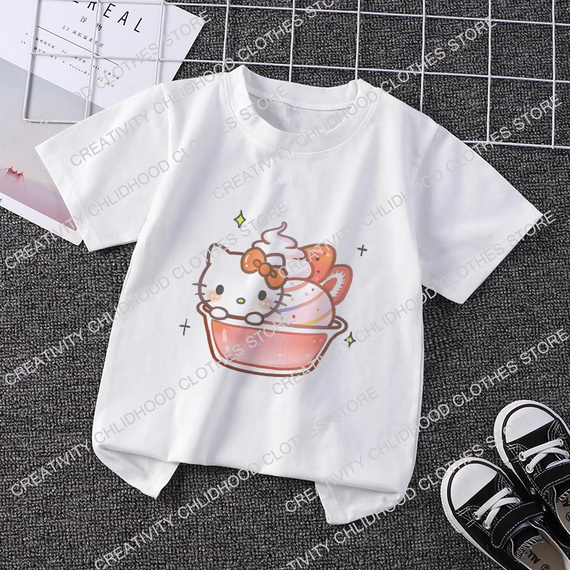 Koszulka dziecięca Cartoon Purin Cake Kuromis Hellikittys Cinnamorolls Cup Kid Tee Shirt Anime Kawaii bluzki odzież codzienna Boy Girl