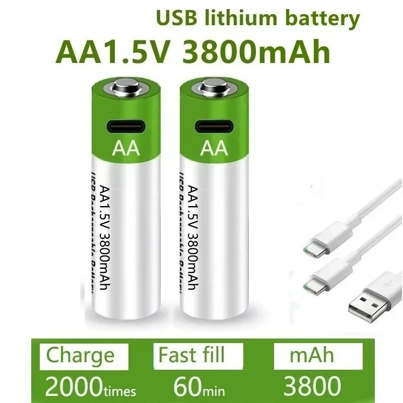 Fast Charging 1.5V AA Lithium Ion Battery with 3800mah Capacity and USB Rechargeable Lithium USB Battery for Toy Keyboard