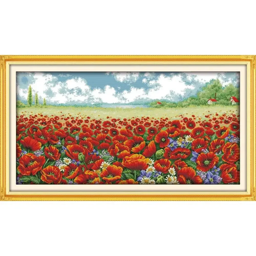 Joy Sunday Pre-printed Cross Stitch Kit  Easy Pattern Aida  Stamped Fabric Embroidery Set-Poppy Flowers