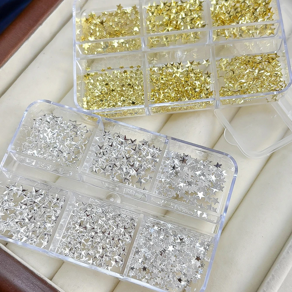 6Gird Boxed 3D Legierung Pentagramme Nagel Nieten Ohrstecker Gold Silber Metall Stern Schmuck Nagel Charms Metallic Juwelen Maniküre Zubehör