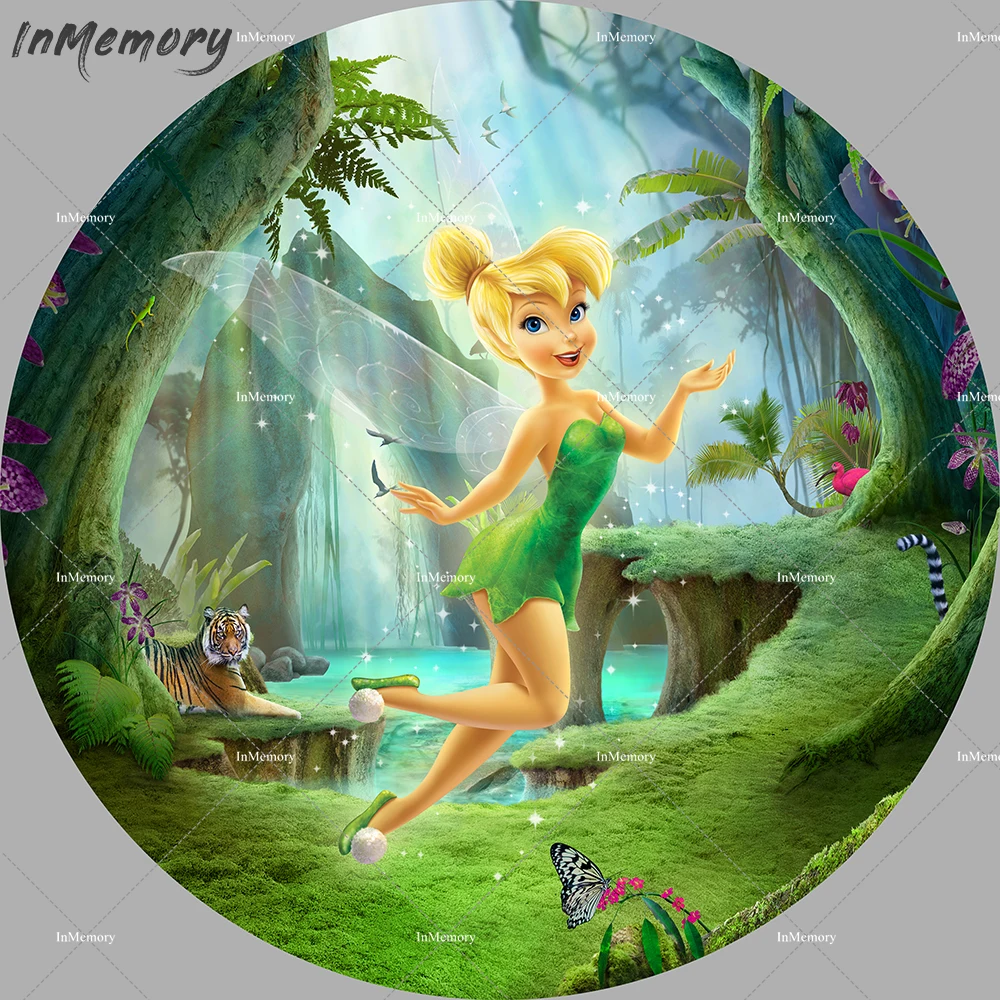 Tinker Bell Photo Backdrop Round Photography Background For Kids Birthday Party Green Forest Circle Decoration Banner