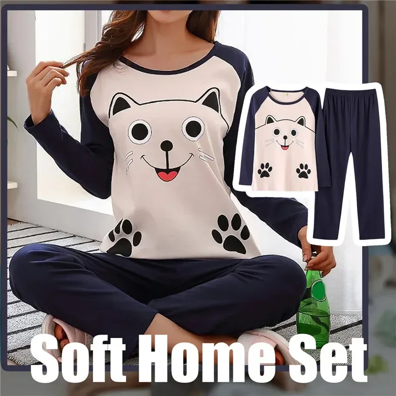 Cartoon Cotton Pajamas Women's Spring and Autumn Models Long-sleeved Home Service Women's Simple Loose Casual Suit Large Size