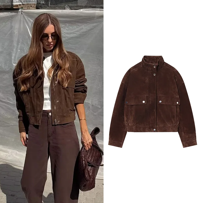 

HipSeam Women Autumn Jacket with Pockets High Collar Long Sleeve Button Suede Leather Women's Jacket Lady Coats Female Chic Tops