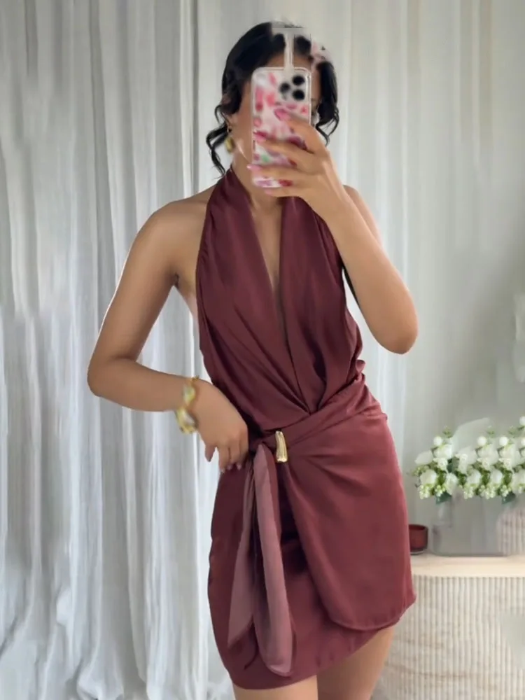 HH Women's Summer Sexy Gold Inlaid Halter Neck Deep V Collar Backless Dress Female Elegant Sleeveless Party Slim Dress Mujer