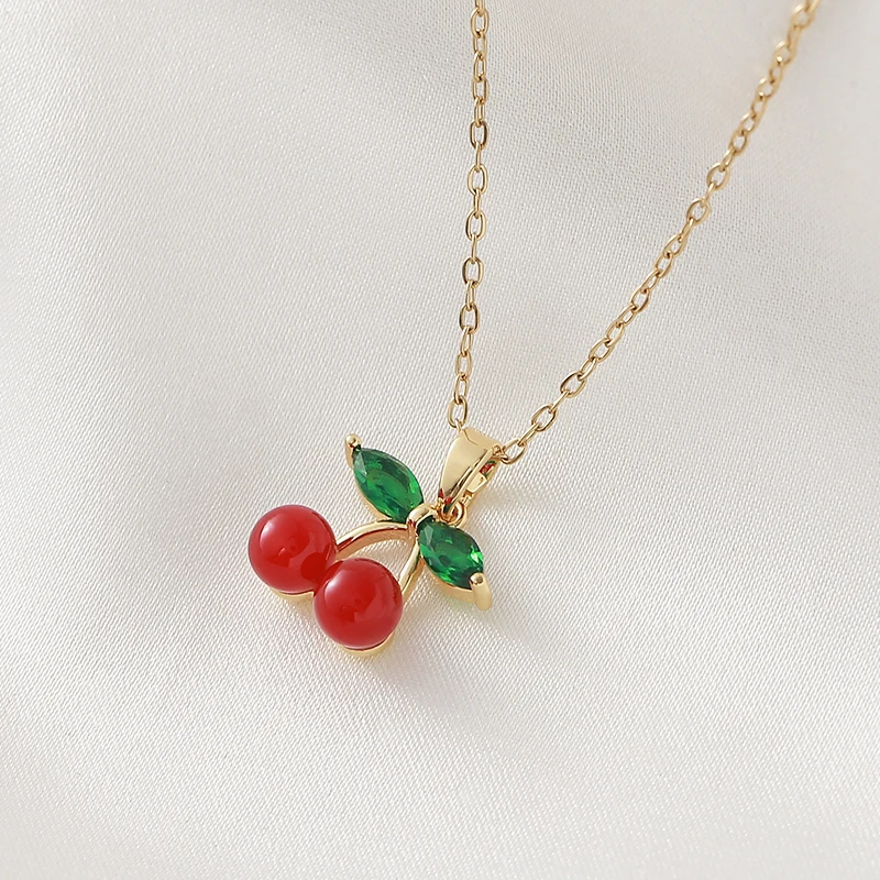 Lovely Fruit Sweet Red Enamel Cherry Necklace Stainless Steel Strawberry Apple Mushroom Pendant Chain Waterproof Charm Jewelry