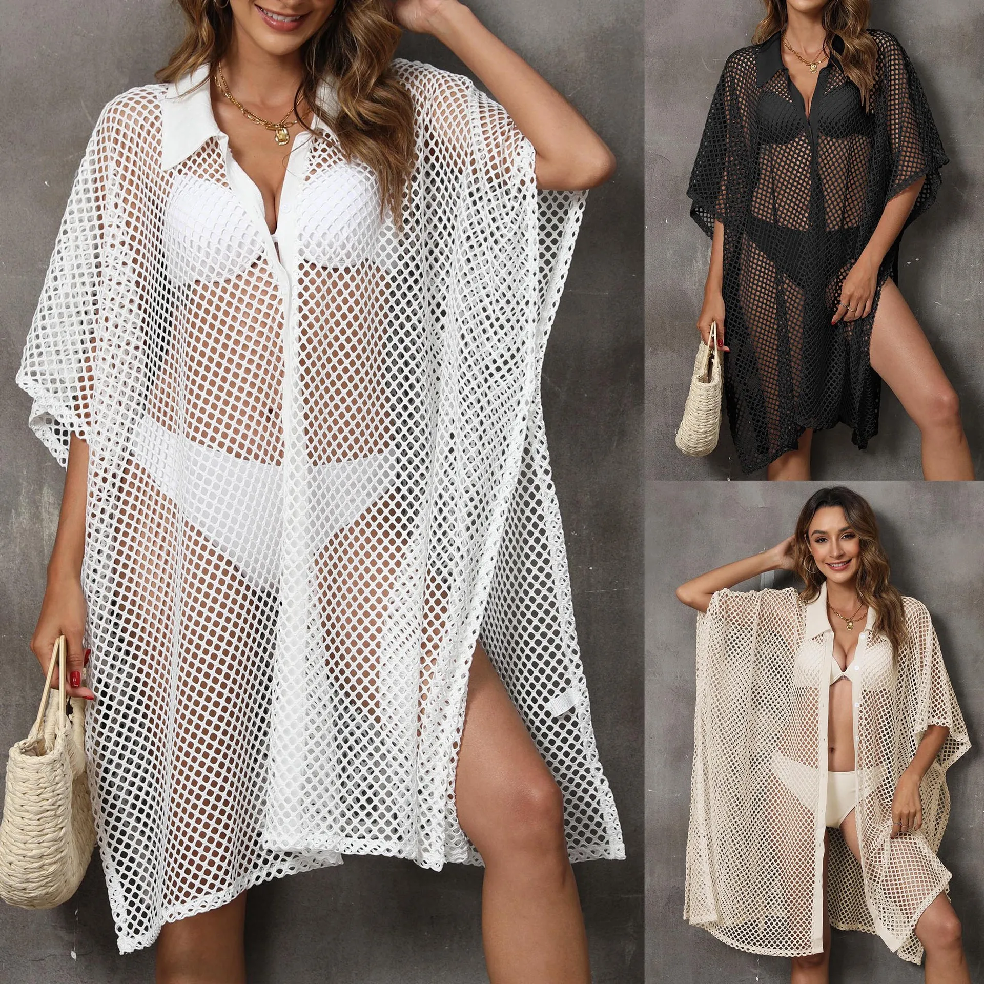 Grille creuse transparente maillot de bain pour femme Bikini cache col boutonné robe de plage chemise chemisier fendu ample taille libre