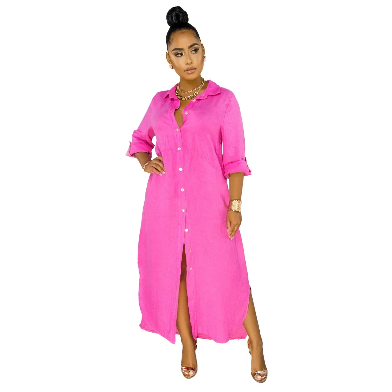 Shirt Dress Women Casual Long Sleeve Side Split Button Dresses Turn Down Collar Elegant Solid Loose Vestidos Spring Summer