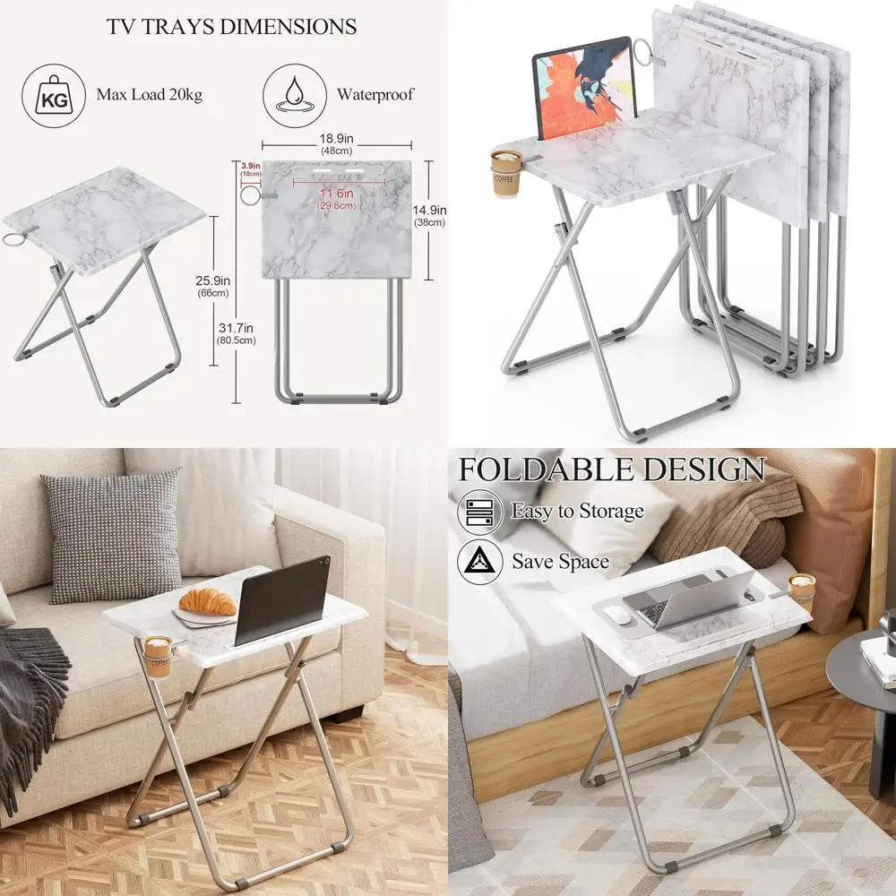 

Портативный складной столик для закусок (набор из 4 штук) с подстаканниками, имитация белого мрамора, идеально подходит для столовой, гостиной и небольших помещений