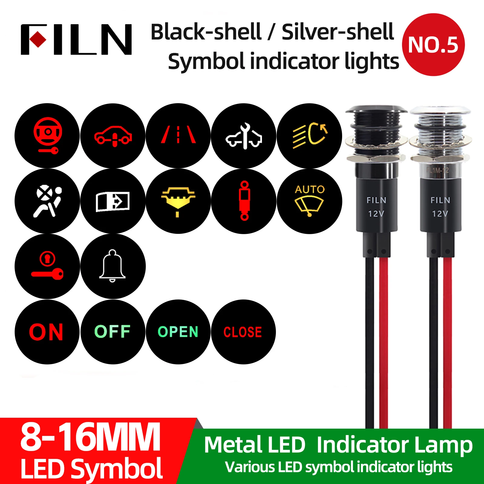 8mm 10mm 12mm 14mm 16mm LED Metal Pilot Lights 12V with Wire Symbol Design for Car Dashboard Truck Machinery Industrial Control