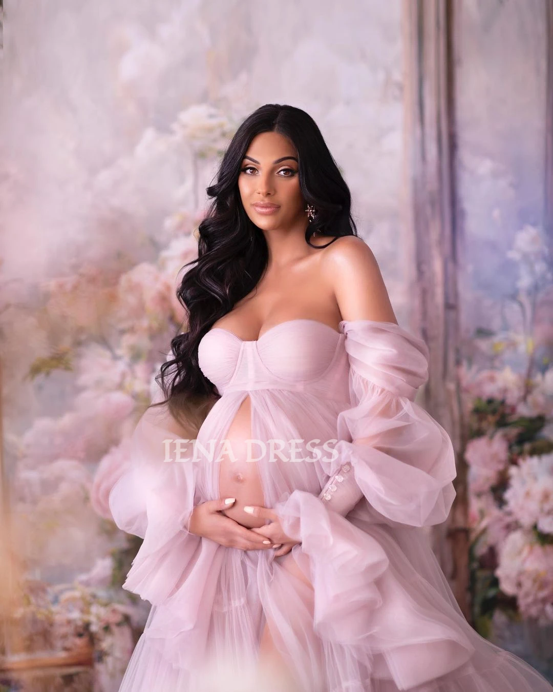 custom Romantic Pink Sheer Photography Maternity Dress for Wedding Belly Off-shoulder Puff Sleeved Pregnancy Baby Shower Gown