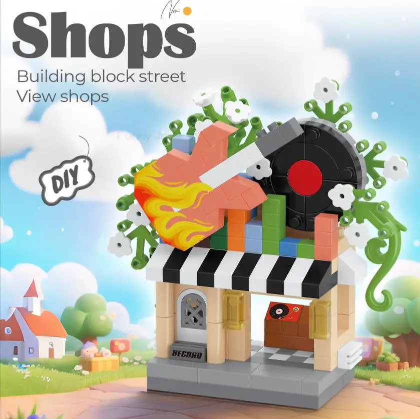 Grappige bibliotheek Snoepwinkel Dierenwinkel Brood Straatzicht Koffieshop Stad Miniatuur Kleine bouwstenen Ornamenten Winkel DIY Speelgoed