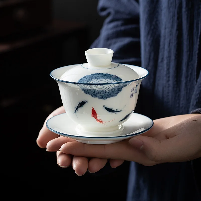 High Quality White Jade Porcelain Hand Drawn Sancai Gaiwan Tea Cup Single Hover Brewing Bowl Household Ceramic Kung Fu Set