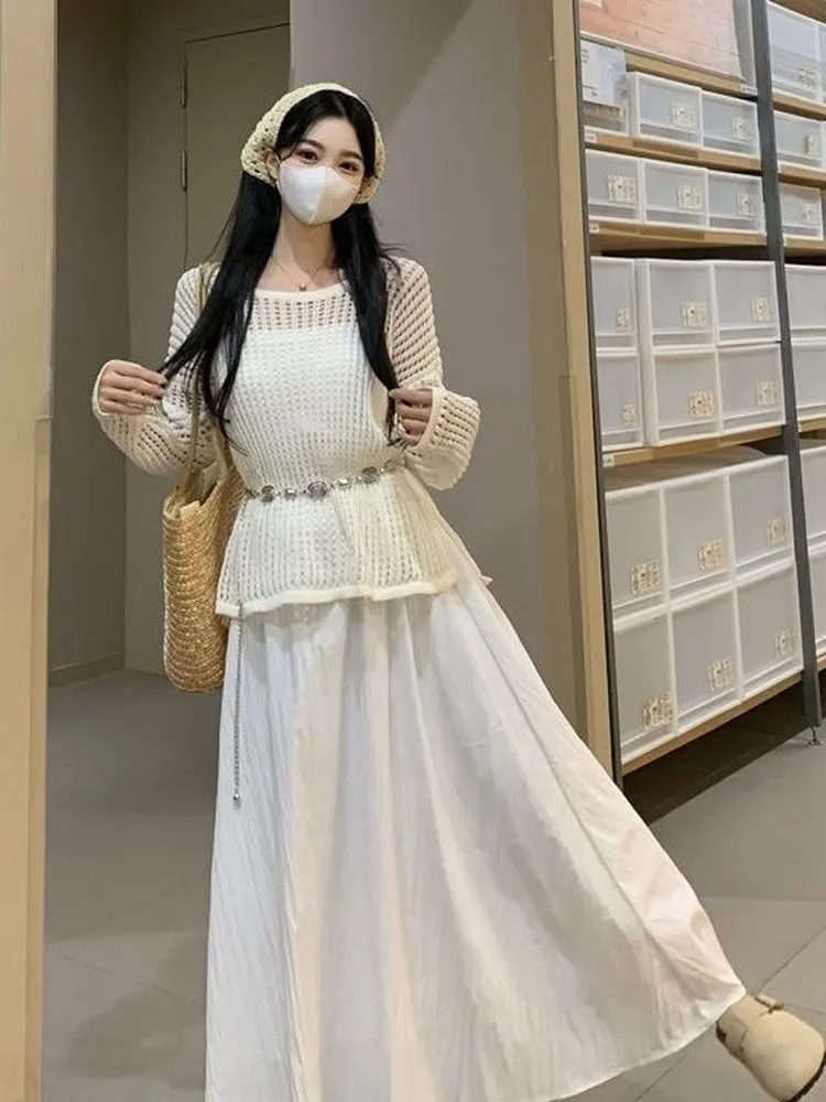 n Sle White Strapl Dr Outfit Summer Travel Set in due pezzi Gentle Korean Sle Long Sve round Ne Dr