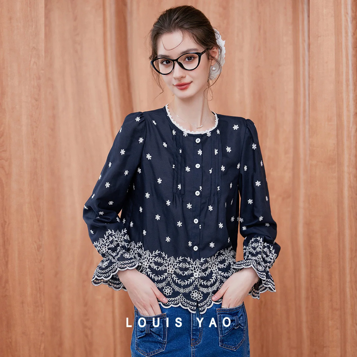 

LOUIS YAO Lace Contrasting Color Embroidered Shirt 2025 Autumn Women's Shirt Elegant Long Sleeved Single Breasted Shirt