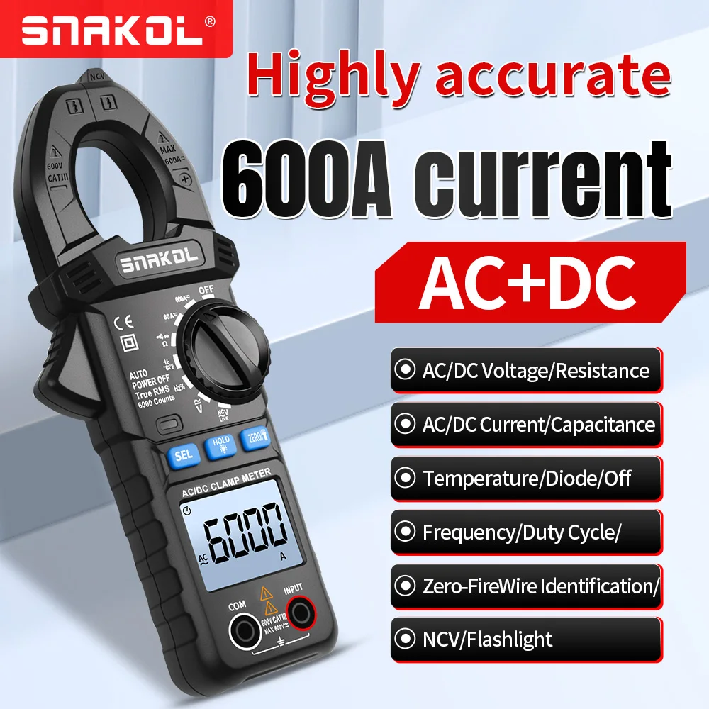 Pinza Amperimétrica Inteligente SNAKOL SK-203 600A AC/DC True RMS con Cabezal de Pinza Grande de 35mm, Retroiluminación y Linterna con Doble Iluminación