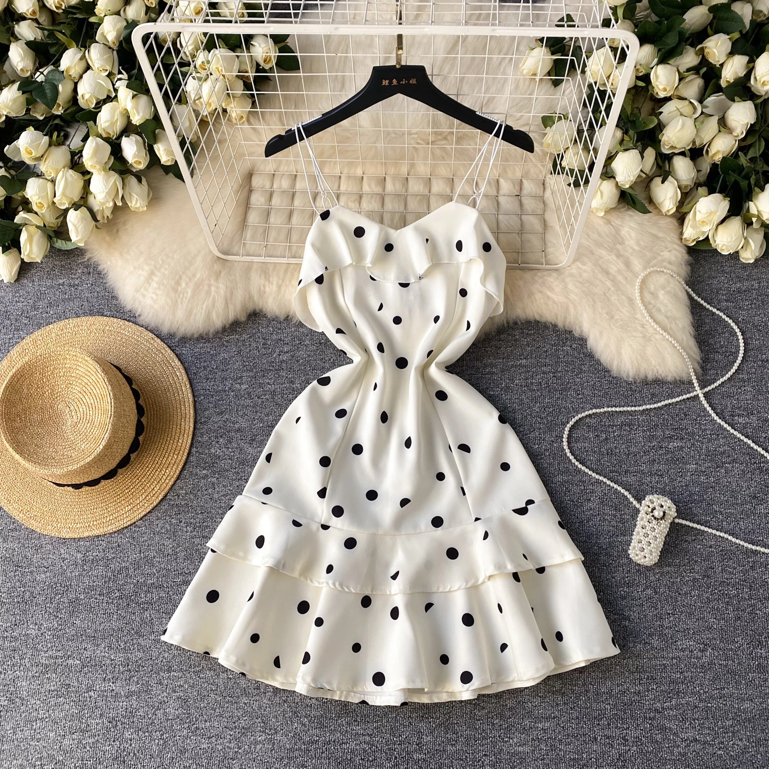 

Elegant Women Dress Dot Print Sleeveless Slim A-Line Mini Length Vestidos Female Summer Casual Spaghetti Straps Frocks