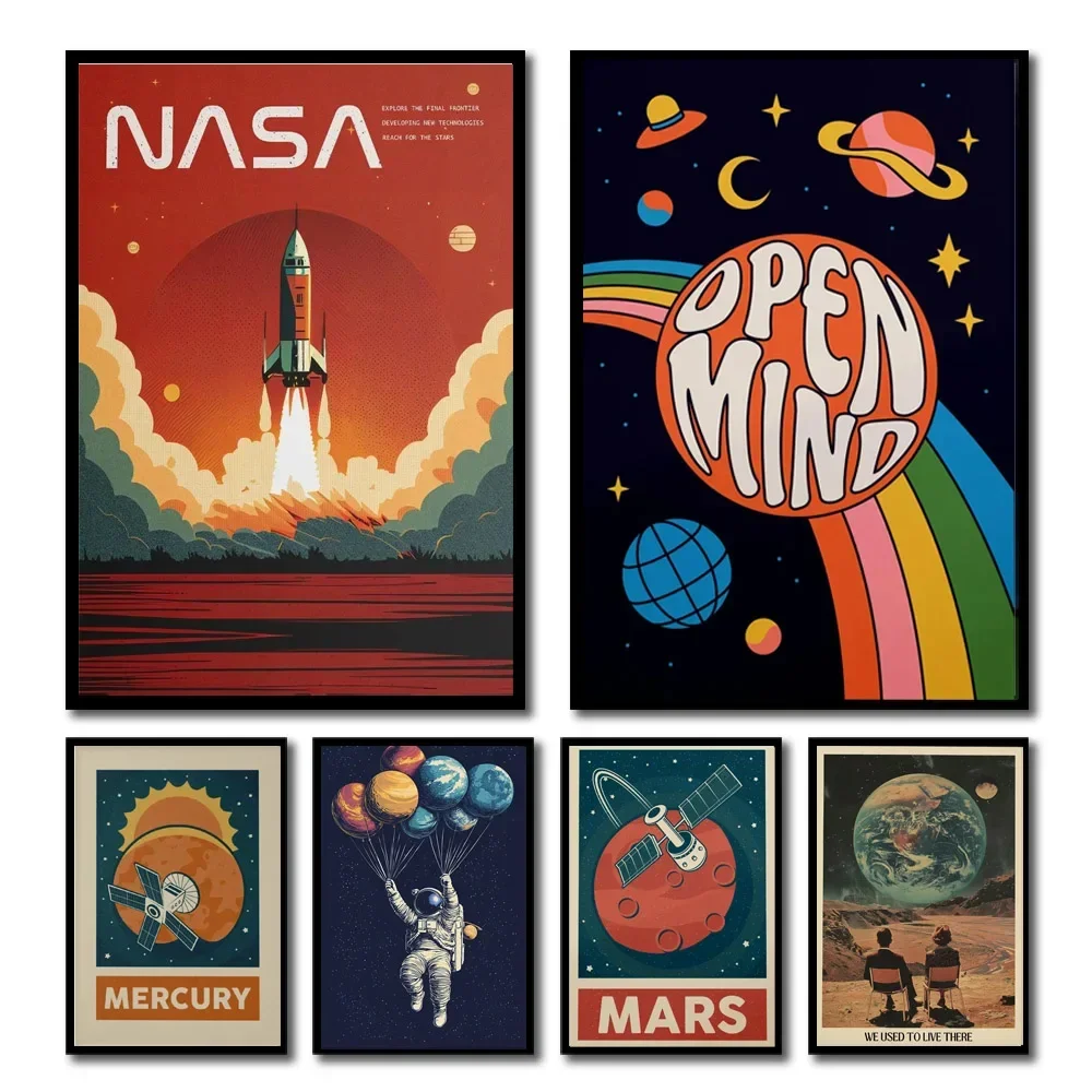 Lienzo de astronauta espacial con sistema Solar Retro, póster de astronomía, decoración de pared de Luna, arte imprimible, 1 ud.