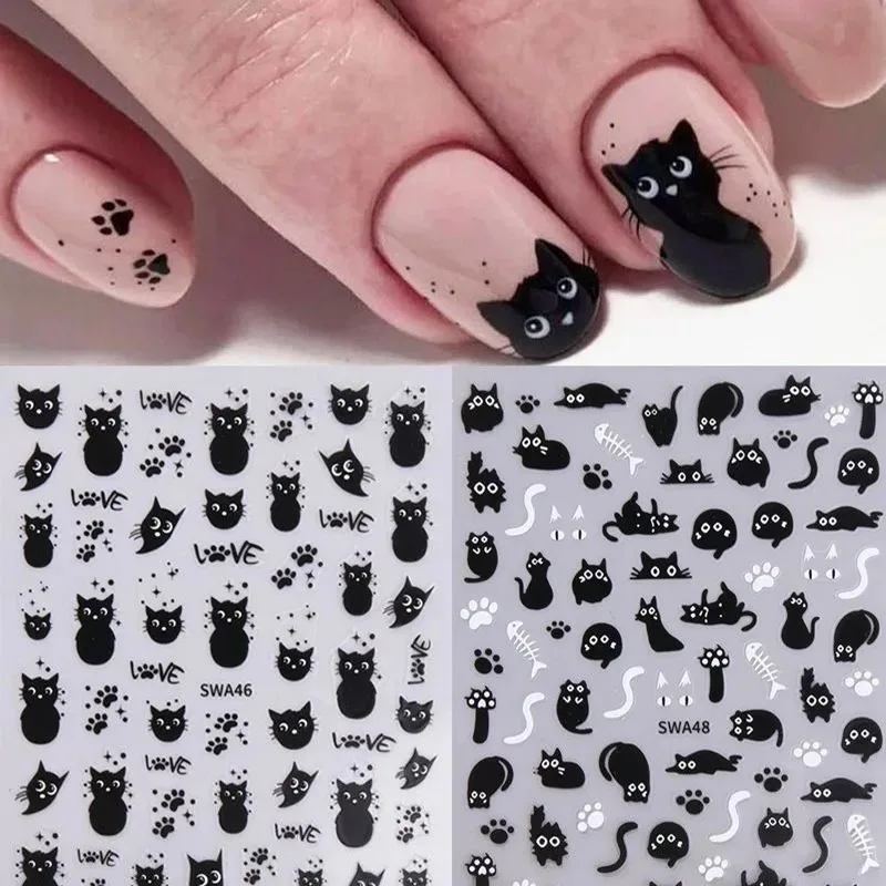 

Cute Black/White Cat Bow Nail Stickers Kawaii Embossed Printed Nails Plate Sticker Nail Art Decor Cartoon Sliders Summer Manicur