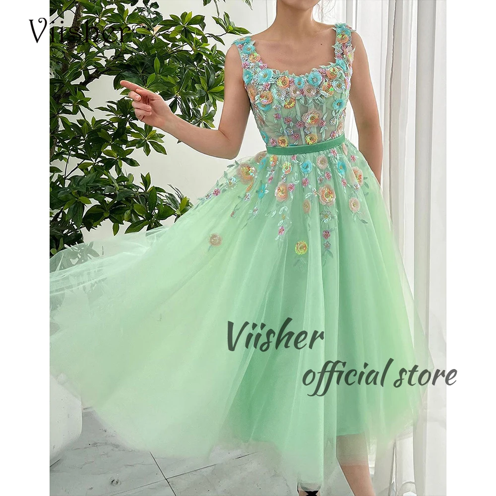 

Green Tulle Fairy Prom Dresses 3D Flower Corset Square Neck A Line Evening Party Dress Ankle Length Graduation Homecoming Gowns