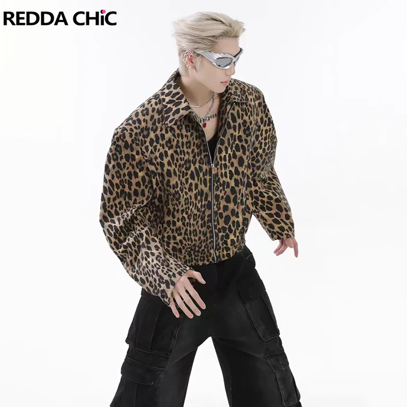 

REDDACHIC винтажная джинсовая куртка с леопардовым принтом, мужская плиссированная куртка с длинными рукавами и лацканами на молнии, пальто большого размера, мото уличная одежда