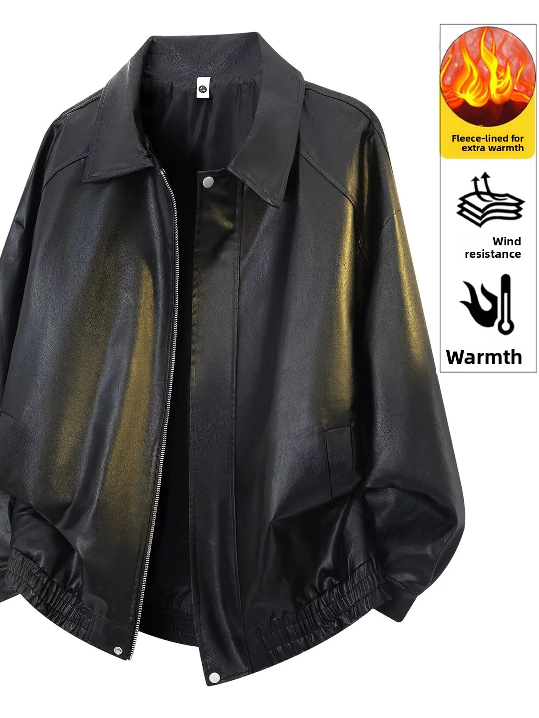 

Men's Bla Fce Lined PU Leather Jaet Winter Coat Vintage Versatile Motorcycle Sle Couple's Outerwear Windproof Long S...