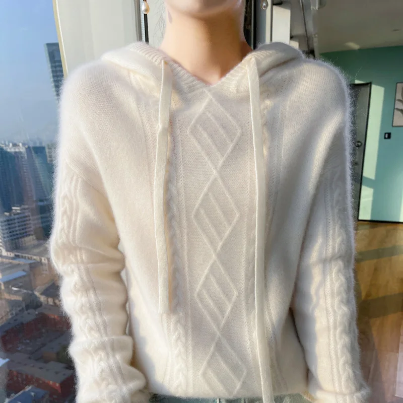 Hot sale new style  cashmere wool ladies hooded sweater loose high-end long-sleeved knitted solid color wool pullover winter