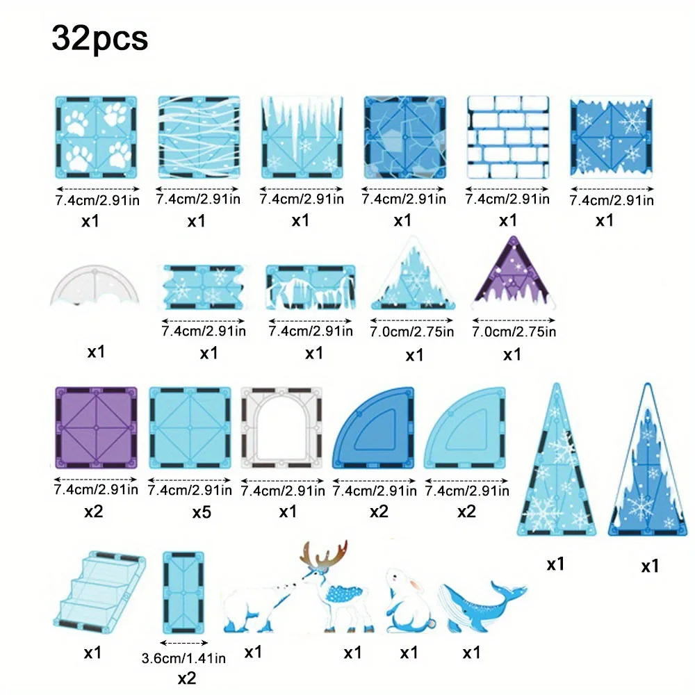 DIY 32pcs Ice And Snow Animals Magnetic Building Blocks - Large STEM Toy MOC Creative Magnetic Toys, Children Educational Gift