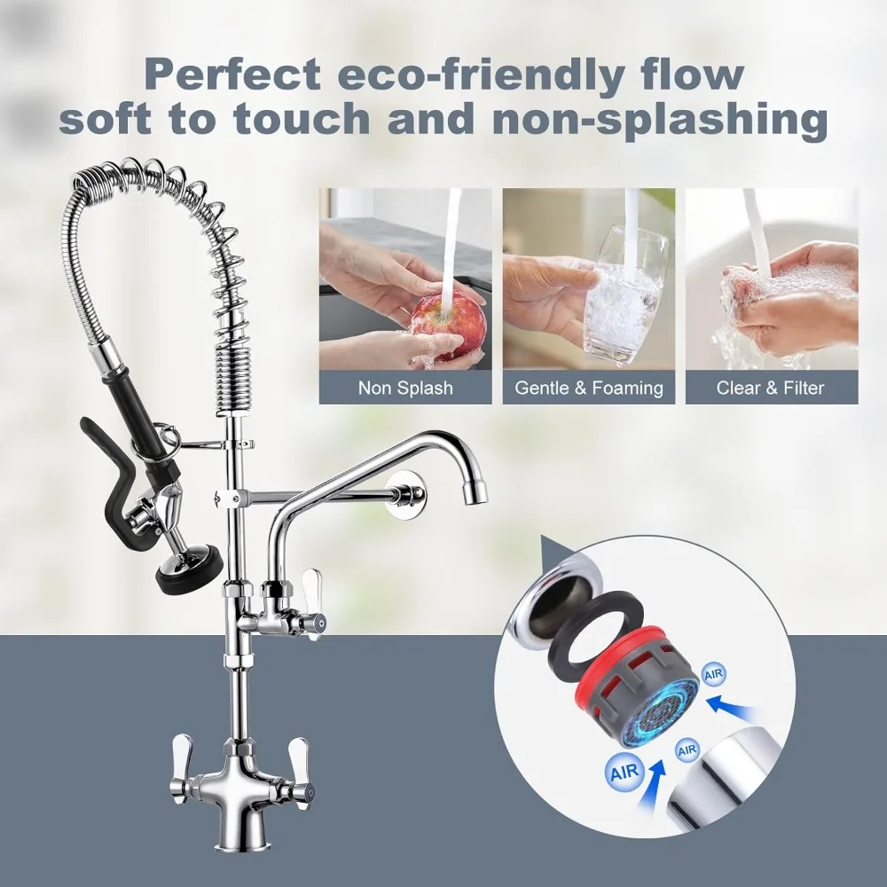 Commercial Kitchen Faucet with Single Hole Deck Mount and Pre-Rinse Sprayer, Including 10-Swing Add-on