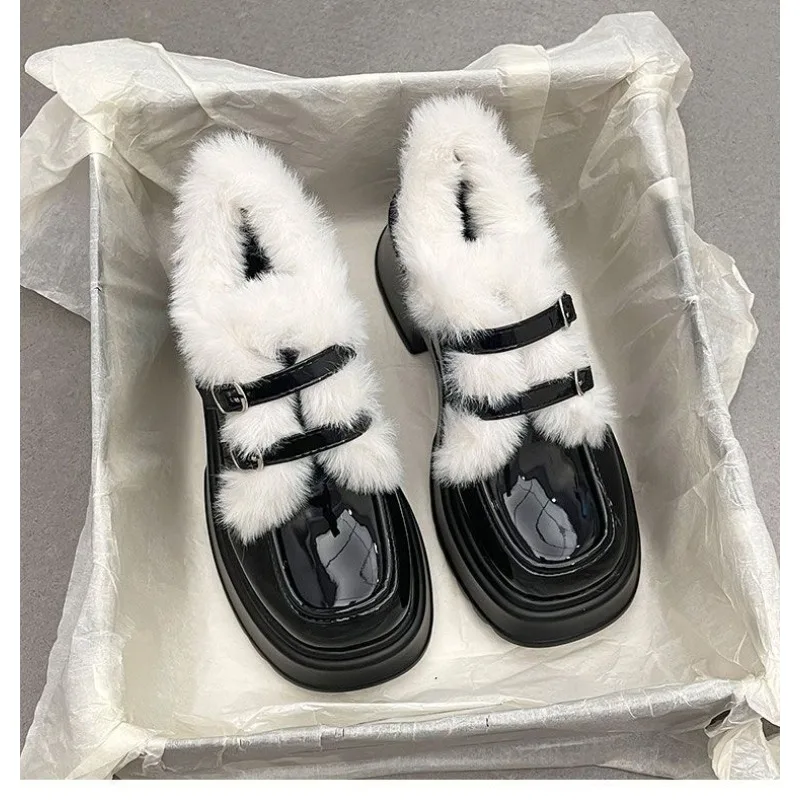 

Little Leather Shoes for Women2025 New Winter Fashion Fleece Warm French High-heeled Women's Shoes,Thick-soled Loafers for Women