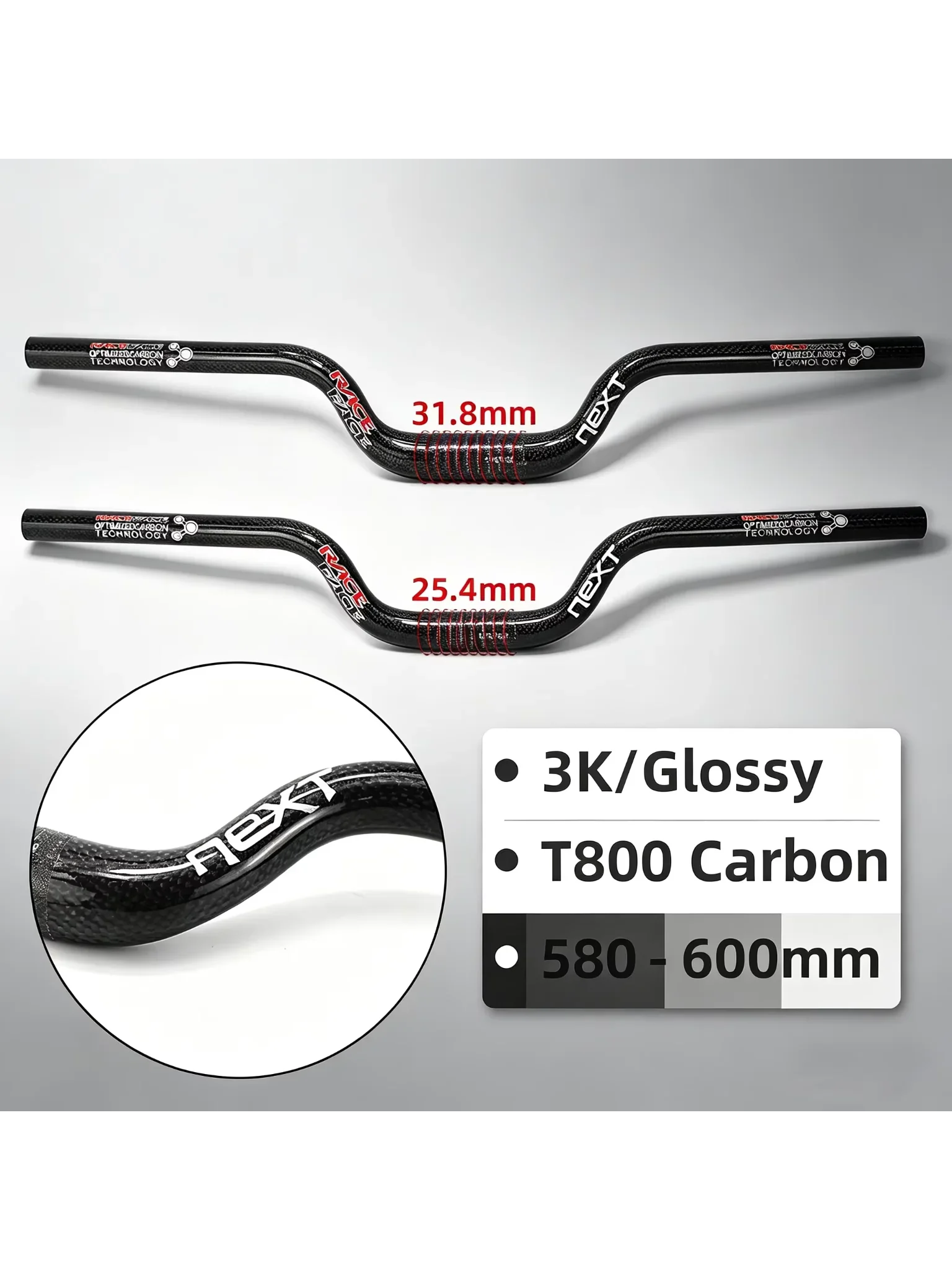 AliExpress NONE Carbon Riser Handlebar for MTB and BMX, Gloss Handlebar, NEXT Race Face, 31.8mm, 25.4mm Diameter, 560mm to 700mm Diameter