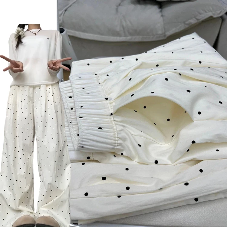 2025 여름 신상 물방울 무늬 와이드 레그 팬츠 여성용 얇은 캐주얼 소형 사이즈 텍스처 레이지 아이스 실크 셈바치 팬츠 하이웨이스트 롱 팬츠