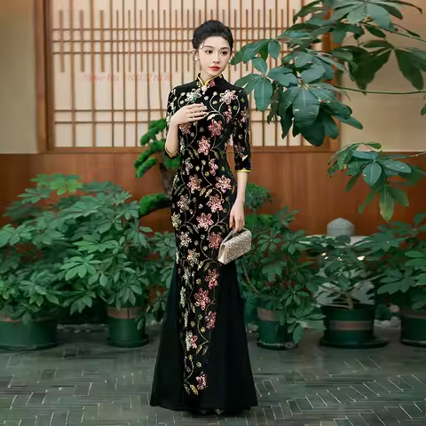 2026 chinese vintage dress improved cheongsam national flower sequin velvet qipao stage dress oriental banquet evening dress