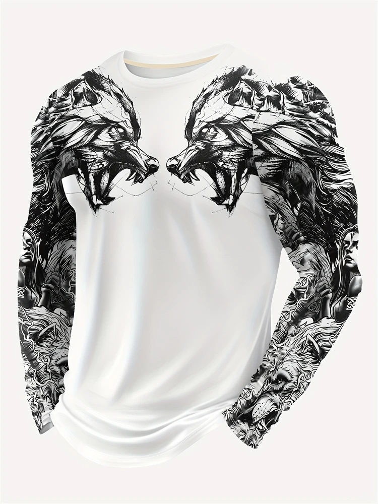 2025 New Double Wolf Print Men's Tops Spring Daily Casual Men's Long Sleeve T-Shirt Street Fashion Men's Long Sleeve T-Shirt