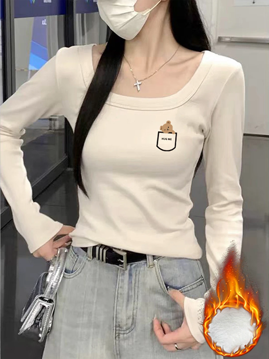 スパイシーガール スレ ロングスベ スクエアカラー ベースレイヤー ベルベット T-irt レディース 秋冬 非対称トップ 通勤 カジュアル