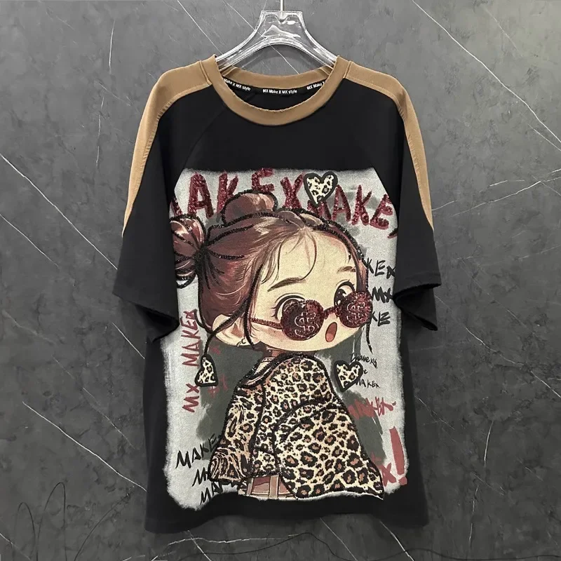 Popular Heavy Industry Design Cartoon Glasses Little Girl Color Matching T-shirt Women's Loose Medium And Long Half-sleeved Tees