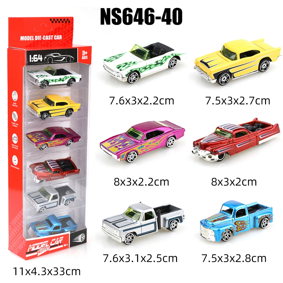 (Boxed) 1/64 Modified Sports Car/Pickup Truck Diecast Toy Set, 6 pieces, die-cast metal, boy's toy, sliding model, no pullback.